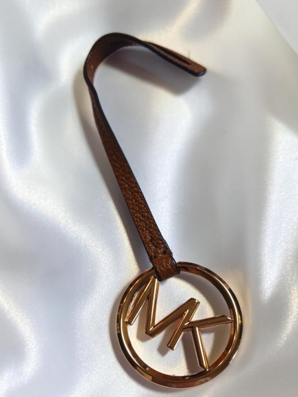 Authentic Michael Kors Brown Pebbled Leather & Gold-Tone MK Logo Bag Charm